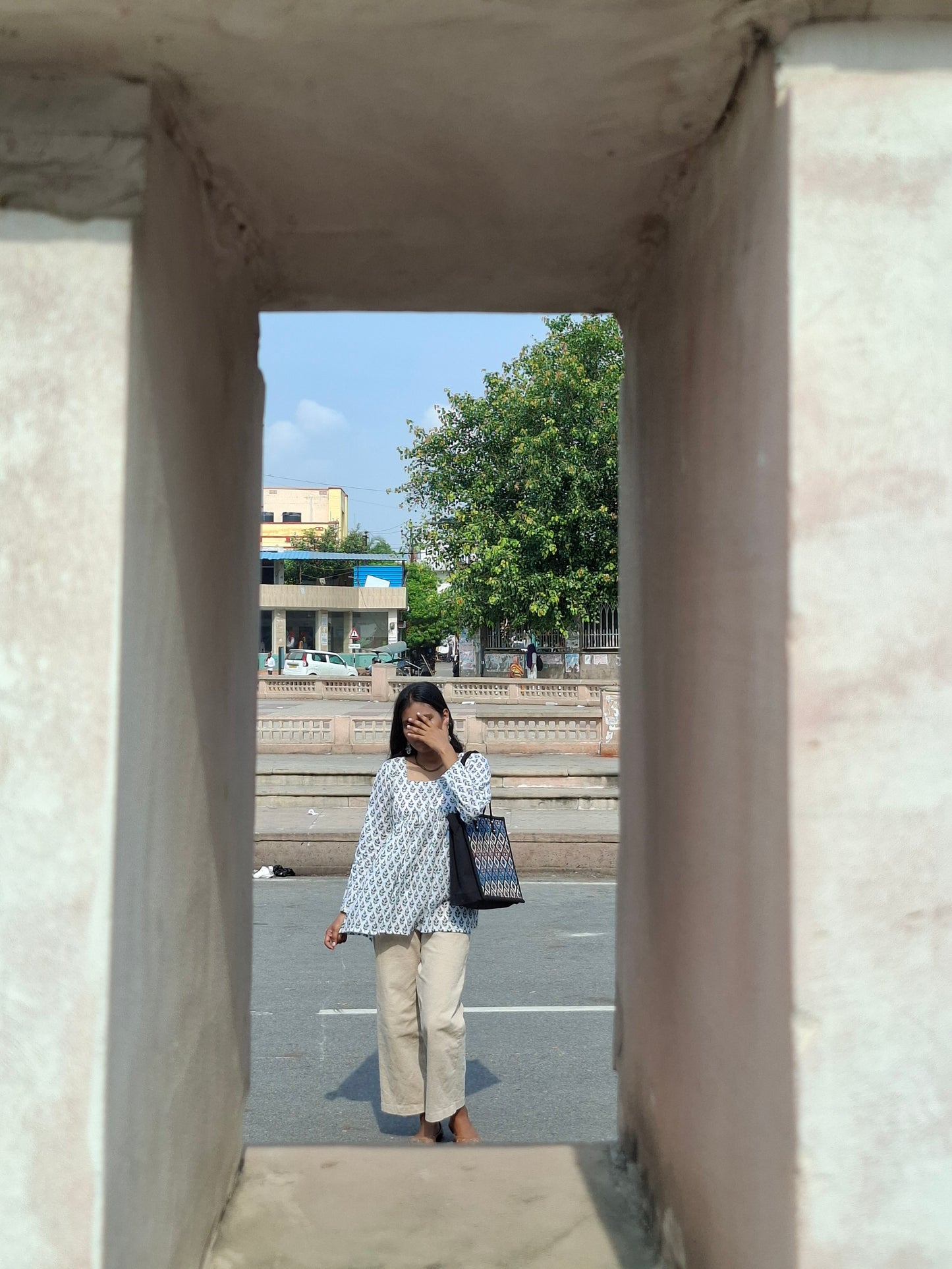 White & Green Hand Block Printed A Line Cotton Kurti