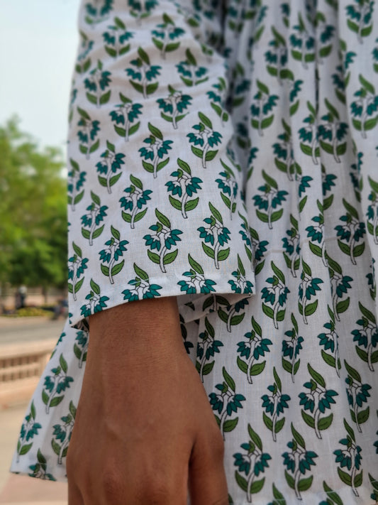 White & Green Hand Block Printed A Line Cotton Kurti