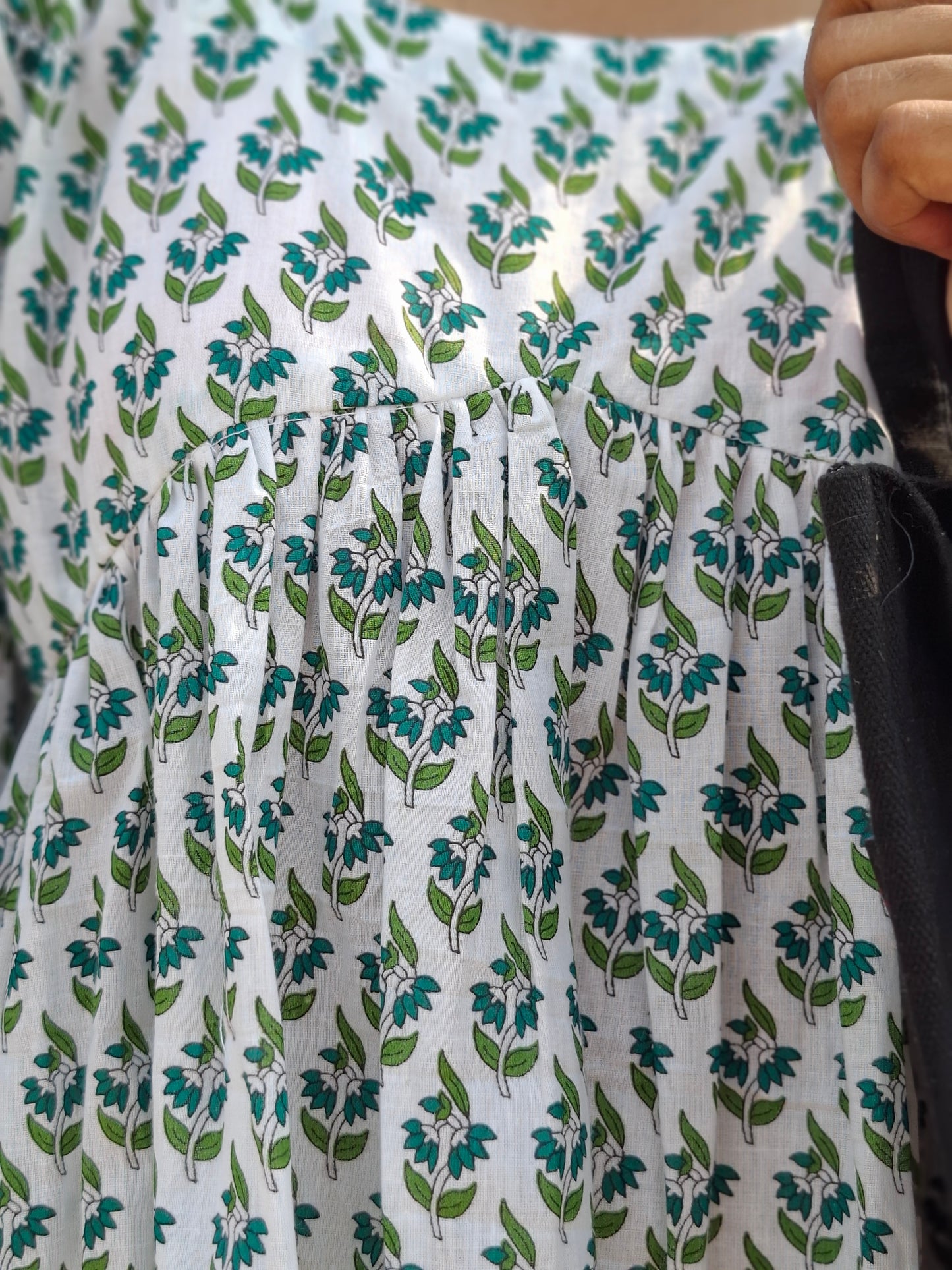 White & Green Hand Block Printed A Line Cotton Kurti