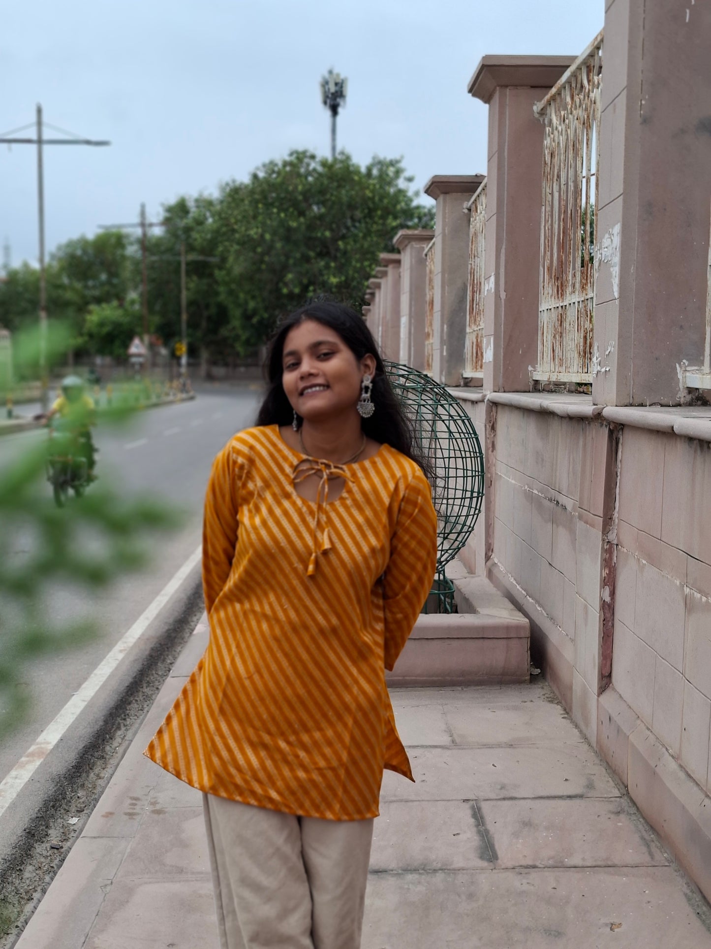 Laheriya Mustard Yellow Printed Cotton Keyhole Neck Kurti