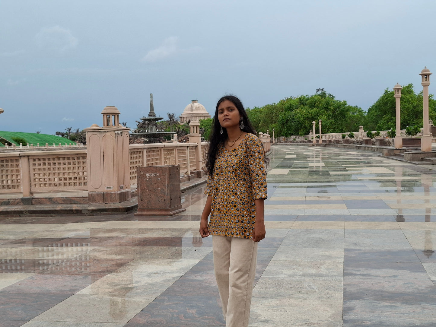 Mustard Yellow Indigo Block Print Cotton Kurti with Sweetheart Neckline
