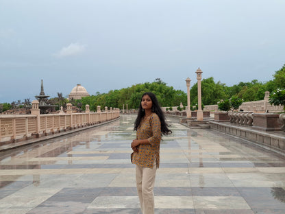 Mustard Yellow Indigo Block Print Cotton Kurti with Sweetheart Neckline