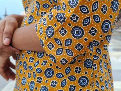 Mustard Yellow Indigo Block Print Cotton Kurti with Sweetheart Neckline