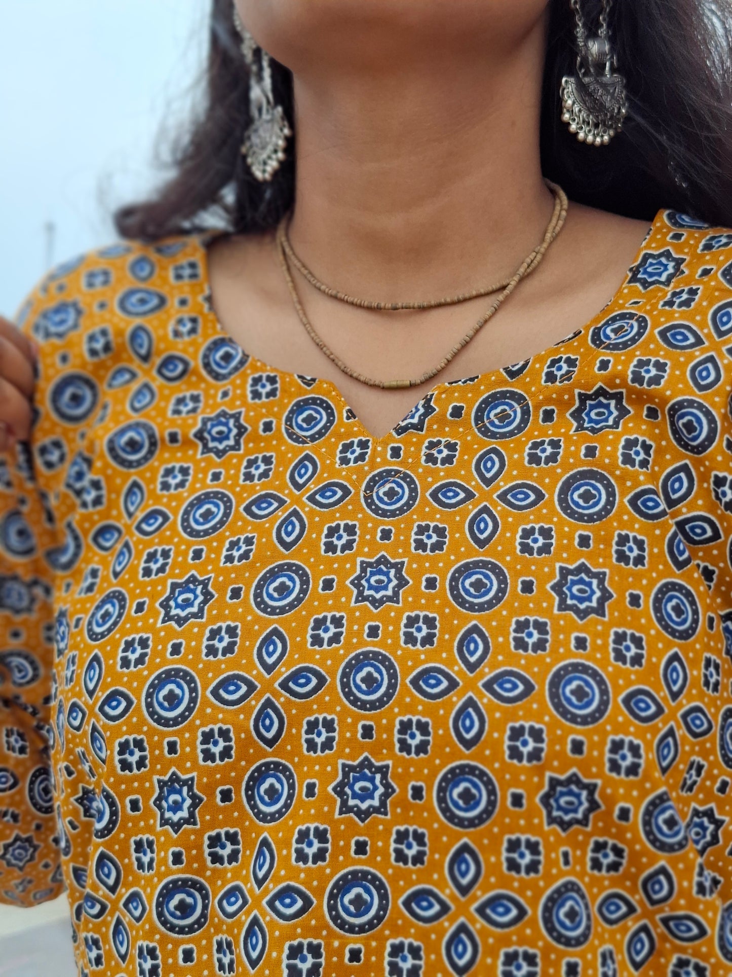 Mustard Yellow Indigo Block Print Cotton Kurti with Sweetheart Neckline