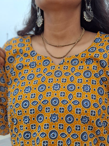 Mustard Yellow Indigo Block Print Cotton Kurti with Sweetheart Neckline